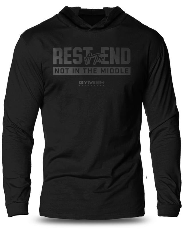 087. Rest End Lightweight Workout Long Sleeve Hooded Gym Soft Cotton Menswear T-Shirts