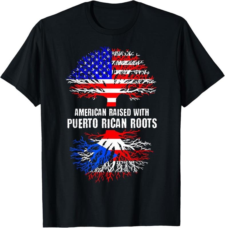 100% Cotton American Raised Puerto Rican Roots USA Flag Puerto Rico T-Shirts