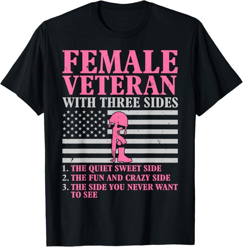 100% Cotton Female Veteran Three Sides Veteran Mother Grandma T-Shirts