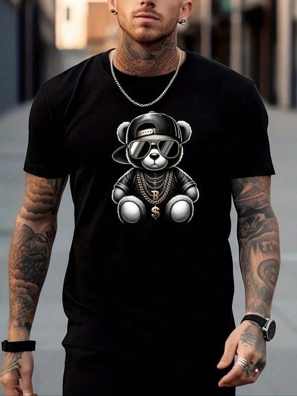 [100% Cotton] Regular Fit Cartoon Bear Print Round Neck Casual Streetwear Short Sleeve Daily Outdoor Clothes Summer T-Shirts