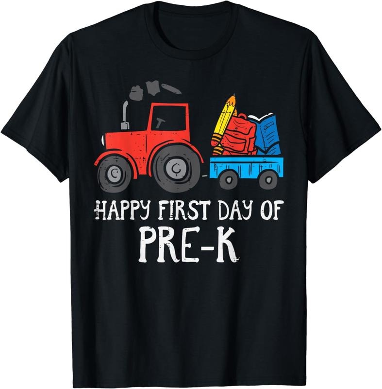 [100% Cotton]Tractor Happy First Day Pre K Prek School Farm Truck T-Shirts