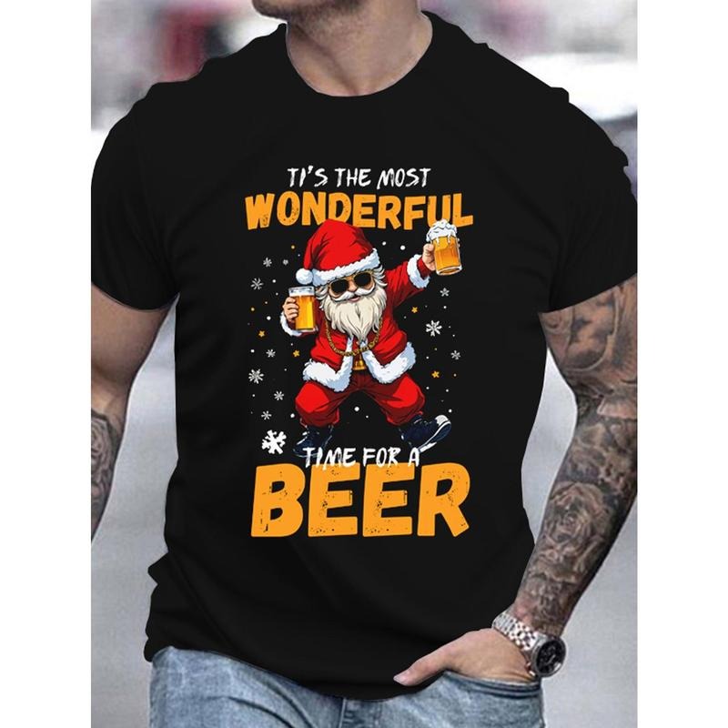 1pc Santa 3D Print Casual Round Neck Short Sleeve Polyester Knit Fabric Festive Top Summer Season Made USA T-Shirts