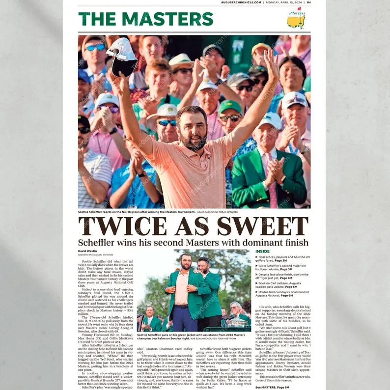 2024 Masters Champion Scottie Scheffler 'TWICE AS SWEET' Framed Front Page Newspaper Golf Him T-Shirts
