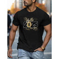 2025 Hello Happy New Year Print Casual Short Sleeve Cotton Knit Fabric Geometric Pattern Round Neck Regular Fit Summer Made USA T-Shirts