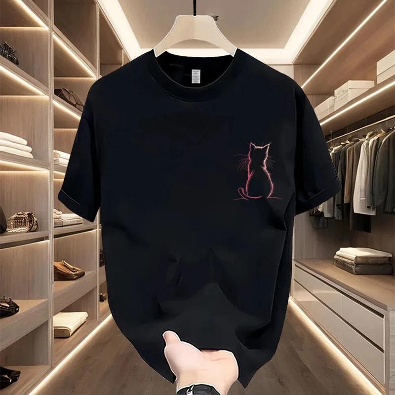 2025 Summer Casual National Trend Cat Background Print Loose Versatile Crew Neck Short Sleeve Light Spring T-Shirts