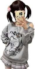 Y2K Off Shoulder Kawaii Cute Graphic Casual Long Sleeves Hrajuku Tops Cat Print Pullover s