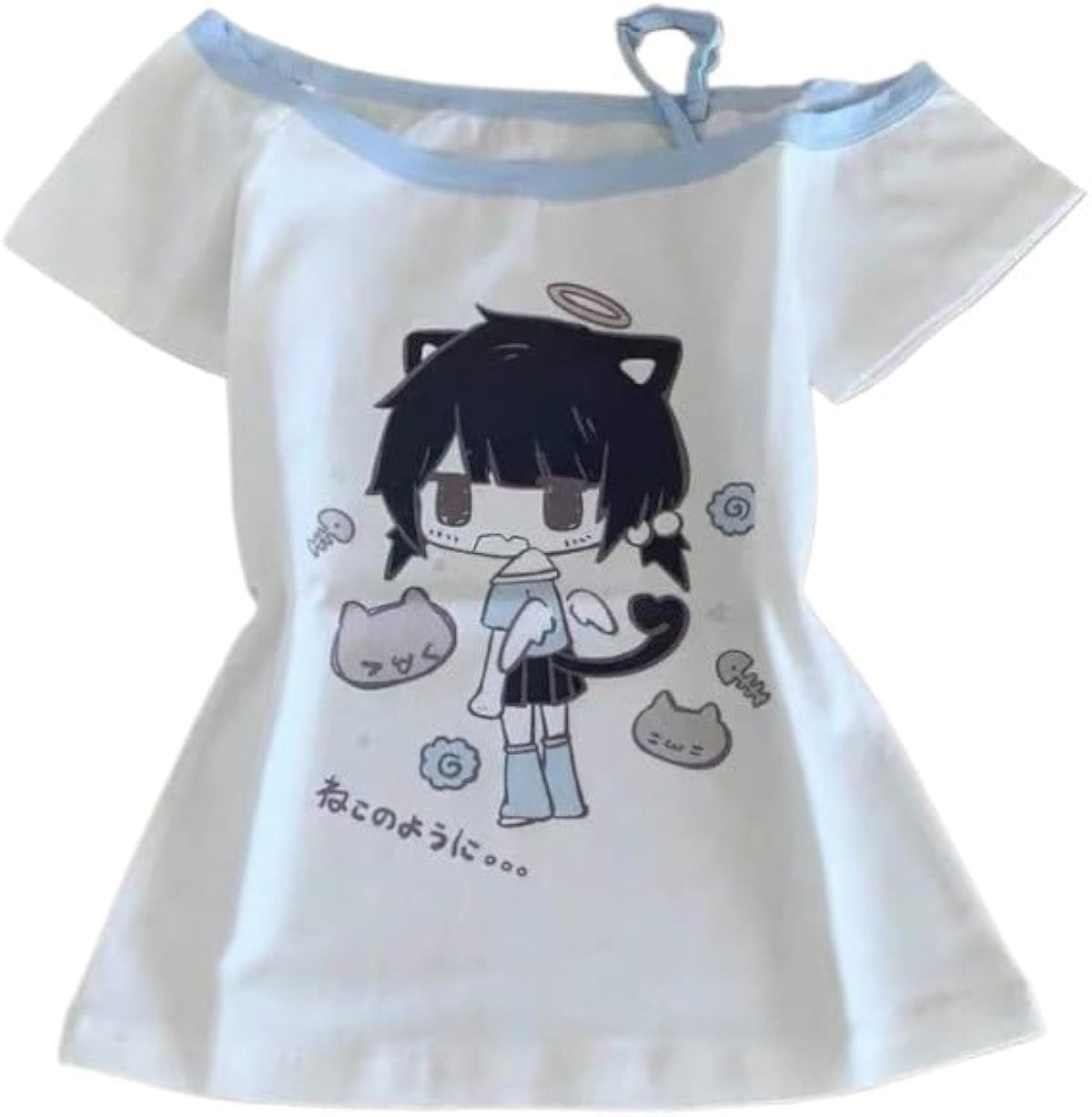 Y2K Kawaii Cartoon Printed Off Shoulder Women's Short Sleeved Cute Anime Graphic Casual Loose T-Shirt