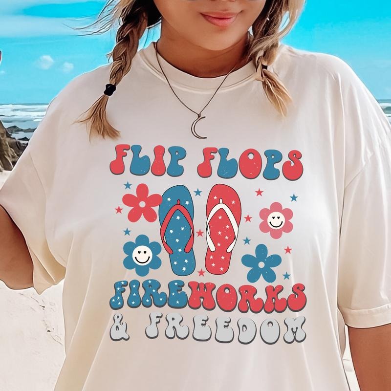 4TH JULY SHIRT FLIP FLOPS FIREWORKS JULY 4TH SHIRT COTTON SHIRT SUMMER SHIRT Comfort Fabric Top Womenswear T-Shirts