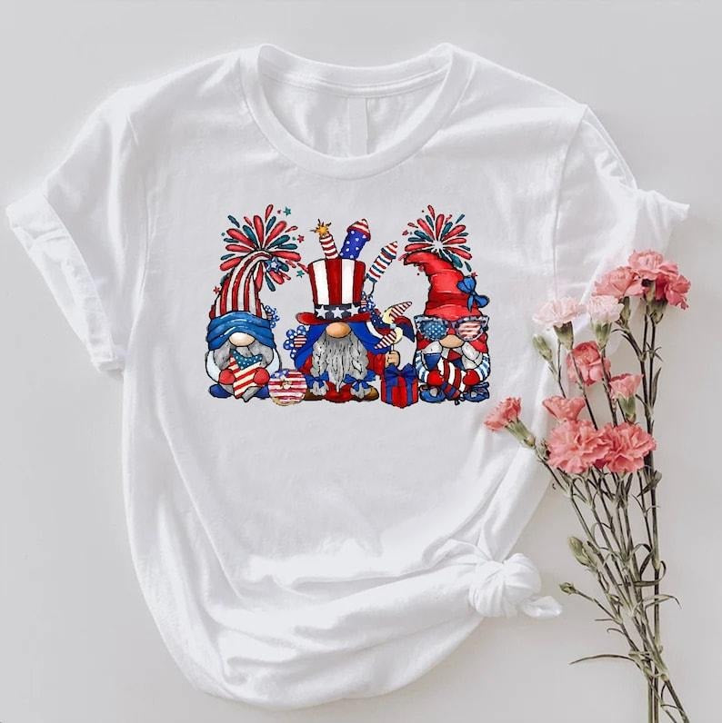 4th July Gnomes Shirt Patriotic Gnomes Fourth July Celebration Party Red White Blue Gnomes American Gnomes T-Shirts