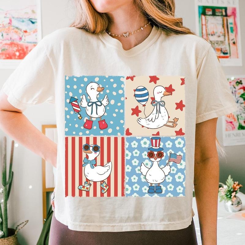 4th July Patriotic Goose Cute Shirt America Coquette Bow Memorial Day Funny USA Checkered Goose Shirt T-Shirts