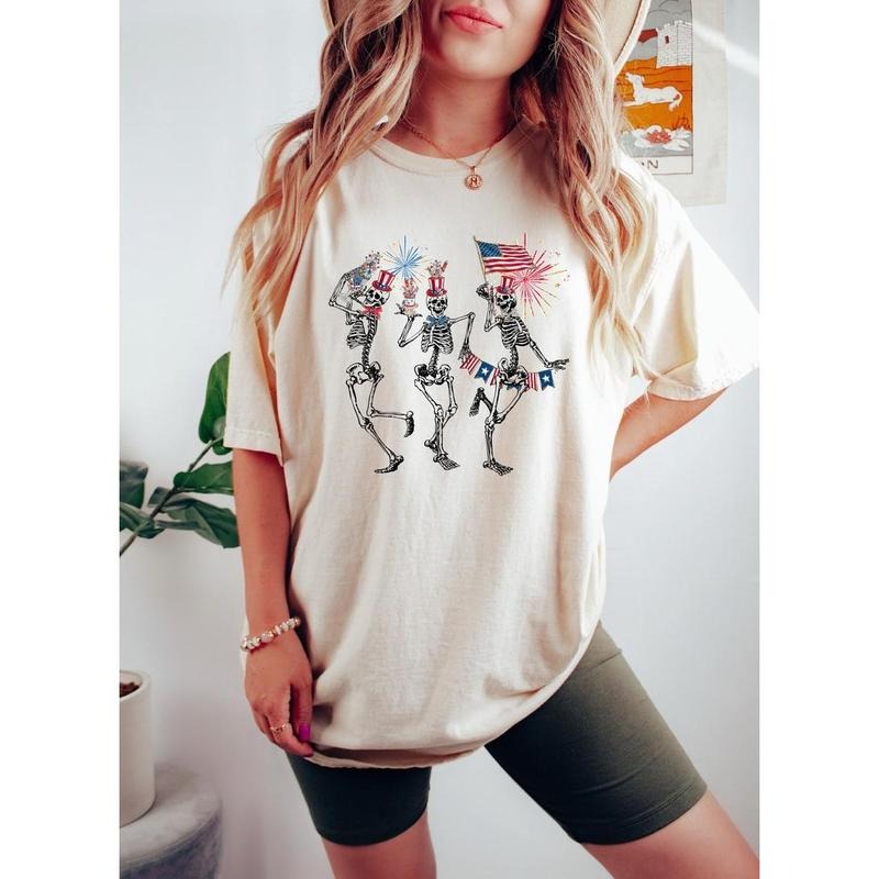 4th July Skellies 4th July Shirts Dancing Skeleton Shirt American Flag Shirt 4th July Stars Stripes Shirt Red White Blue T-Shirts