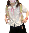 Women's Kawaii T-Shirt Lolita Doll Collar Embroidery Flower Print White Blouse Japanese Cute Sweet Shirts Y2K Tops
