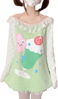 Womens Y2K Kawaii Print Off Shoulder Lace Patchwork Tops Cute Japanese Graphic Casual T-Shirt