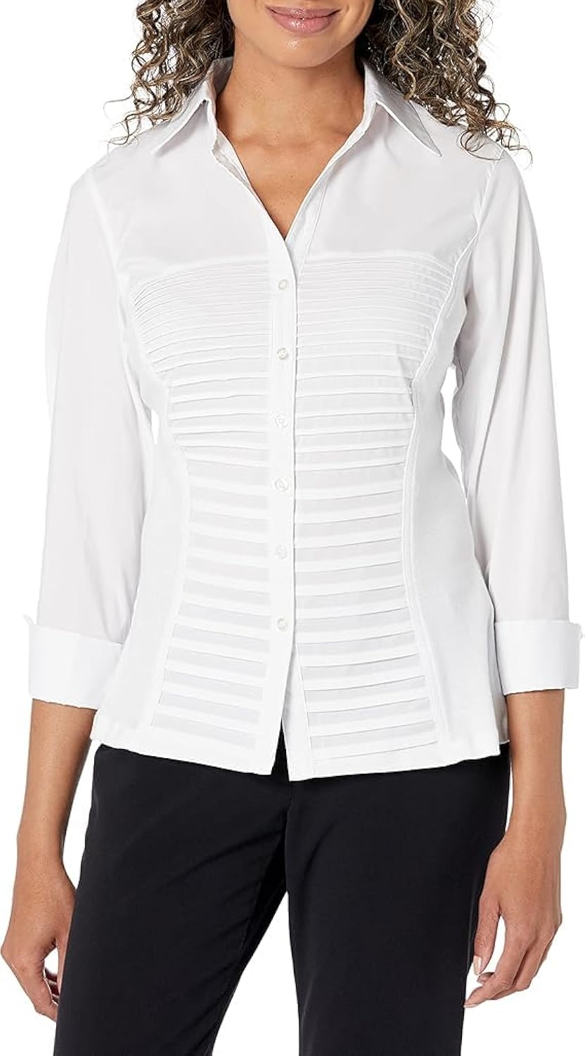 Womens 3/4 Sleeve Cuff Sleeve Button Down Top with Ribbed Knit Inserts for a Comfortable Fit Blouse