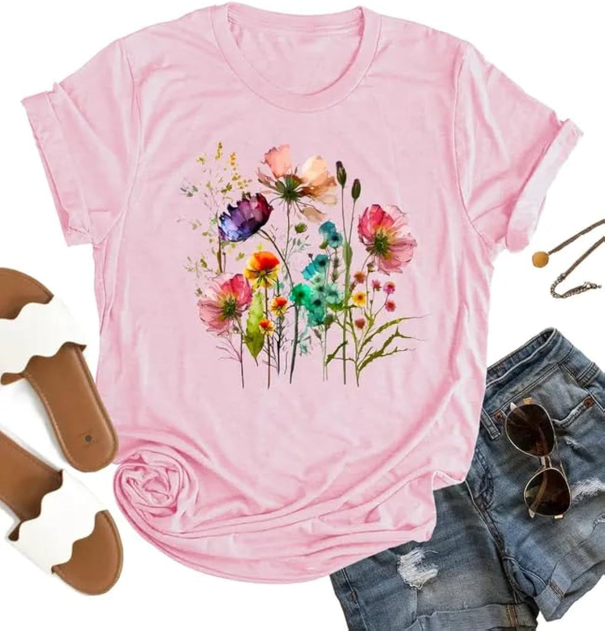 Womens Boho Shirts Vintage Floral Tshirt Cottagecore Wildflowers Graphic Tees Bohemian Short Sleeve Tops