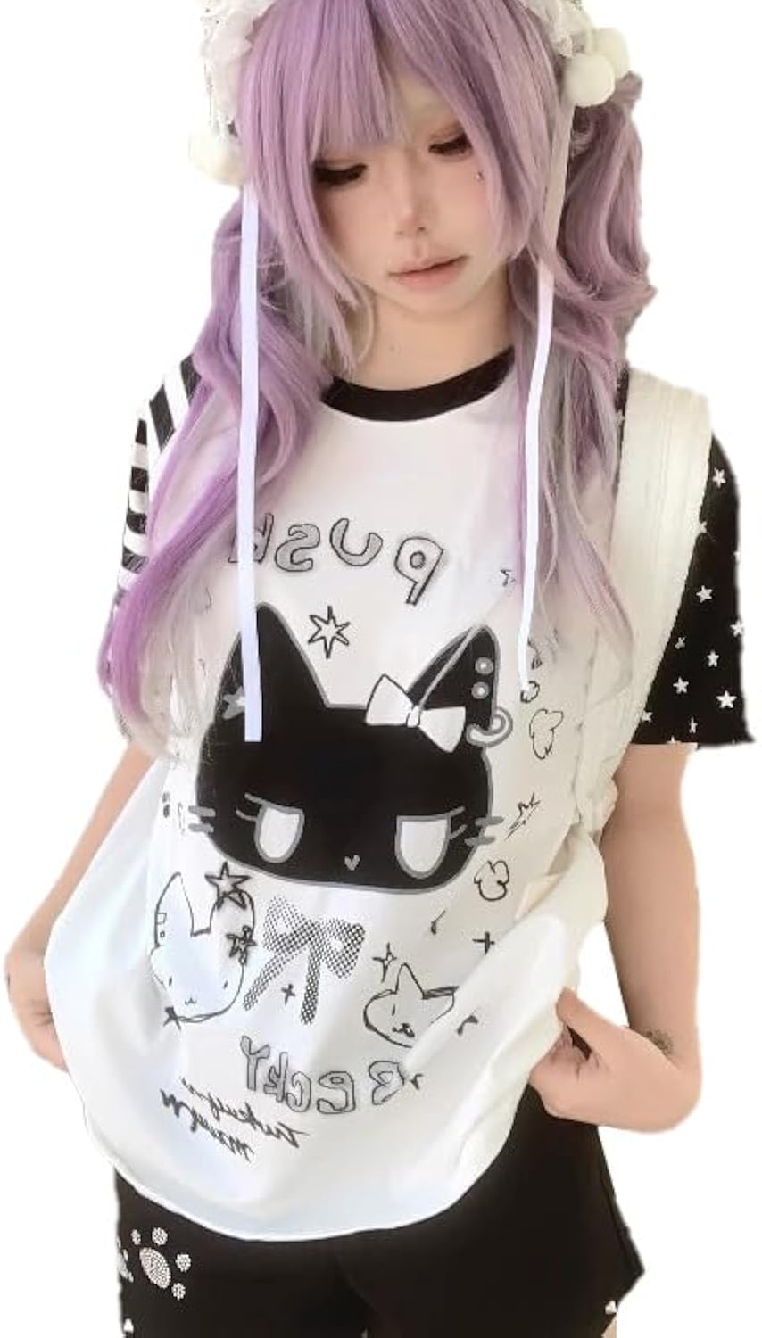 Women Y2k Kawaii Tops Oversized Graphic Clothing Harajuku T-Shirts Cute Cartoon Print Casual Tees