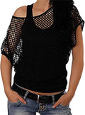 Women Casual Sexy 80s Costumes Fishnet Neon Off Shoulder T-Shirt