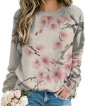 Womens Floral Print Crewneck Japanese Art Long Sleeve Shirts Loose Casual Fall Graphic s for Women