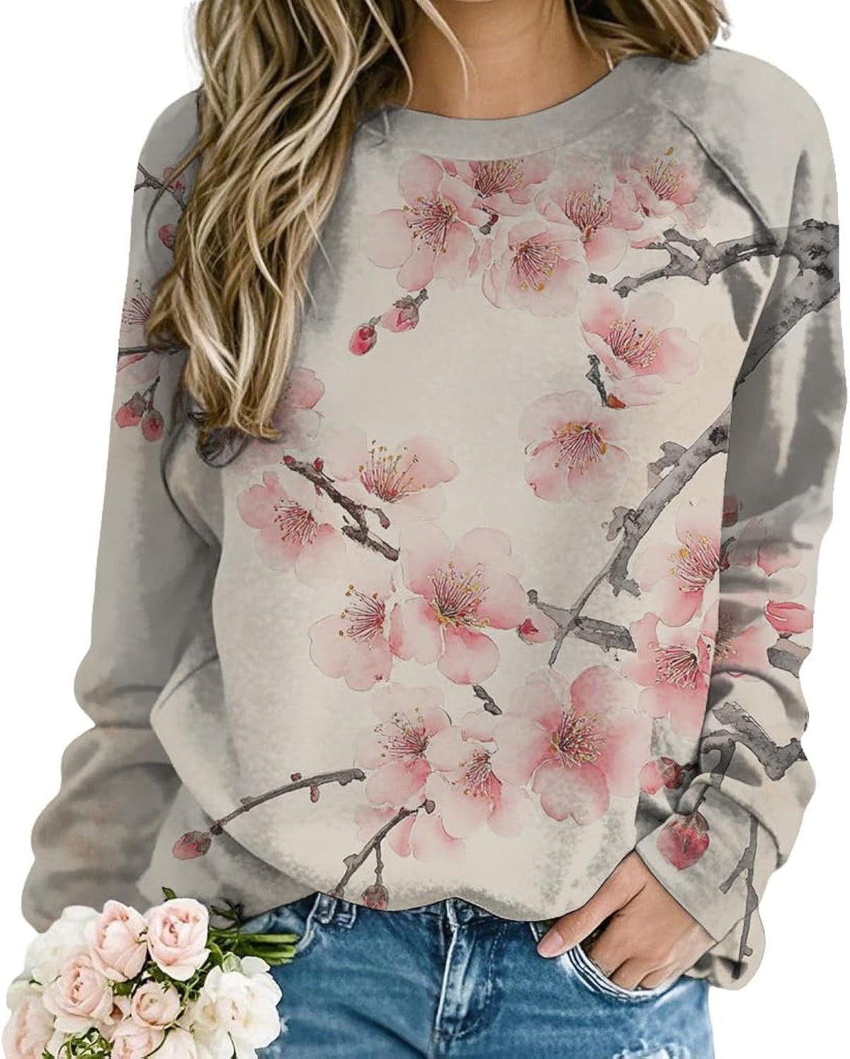 Womens Floral Print Crewneck Japanese Art Long Sleeve Shirts Loose Casual Fall Graphic s for Women