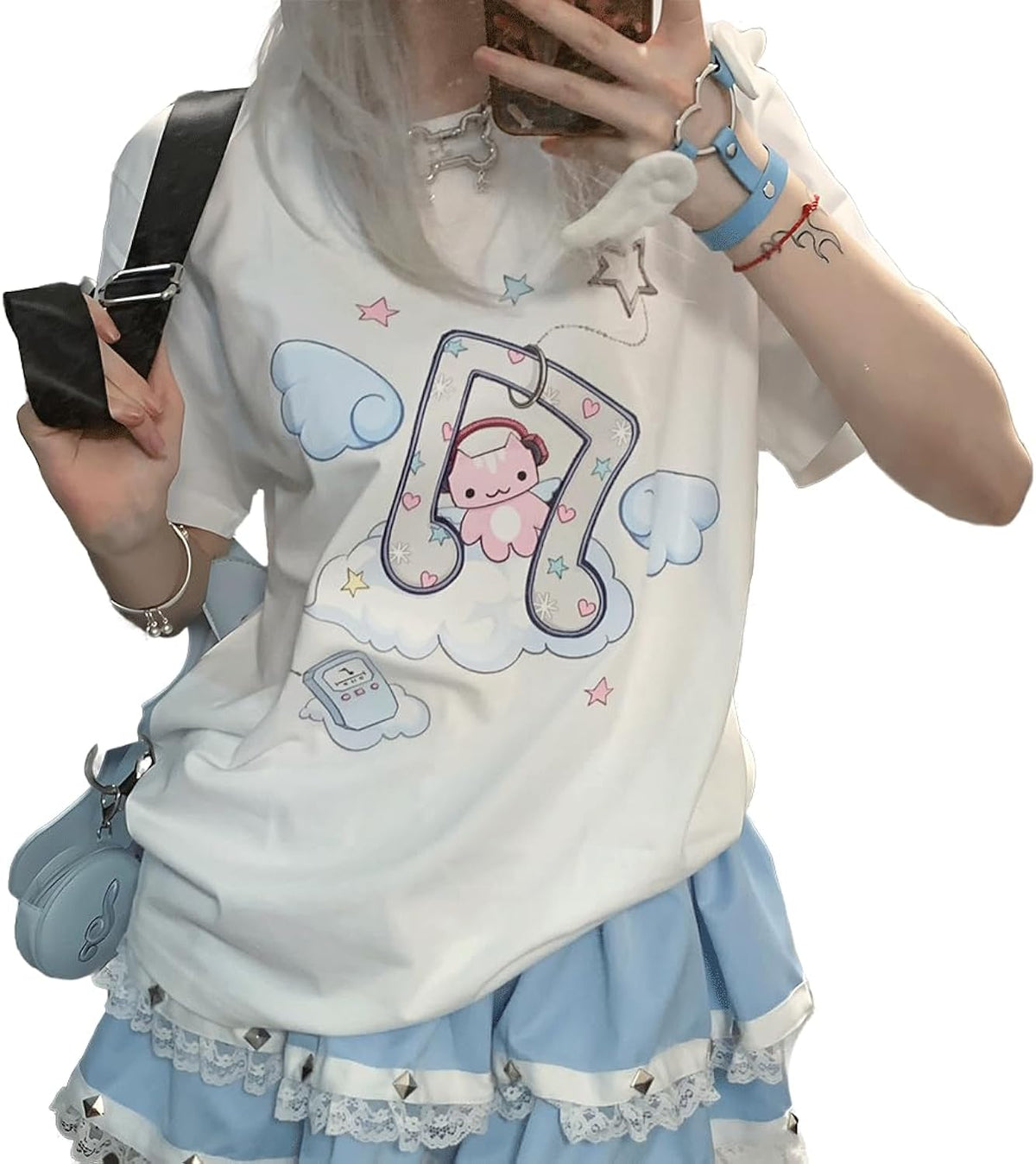 Harajuku Style Pastel Kawaii Gothic Clothes Casual Crewneck Soft Cartoon Cute Cat Music Angel Print T-Shirt