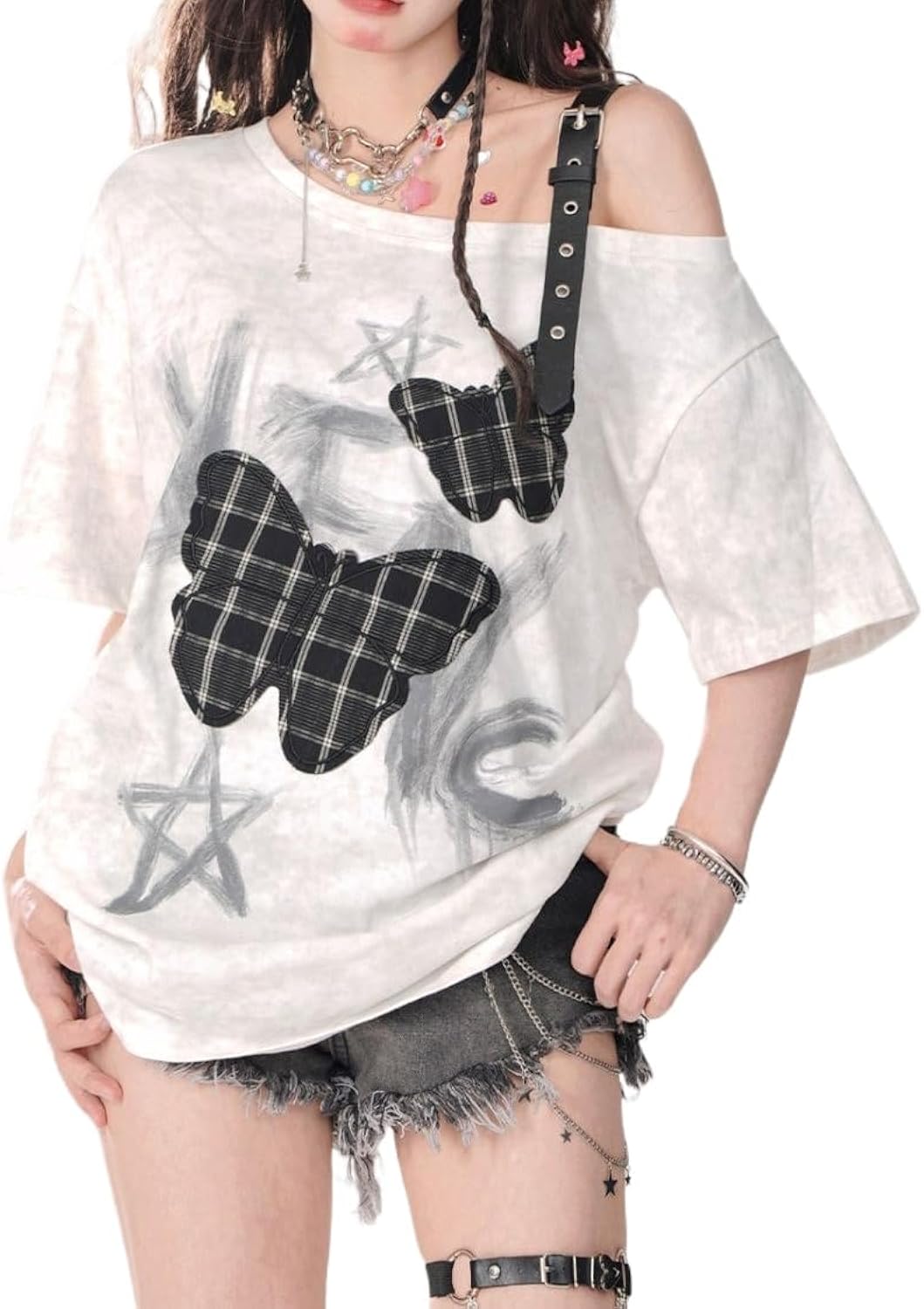 Women's Kawaii Off Shoulder T-shirt Harajuku Sweet Girl White Tops Y2k Aesthetic Cute Tees Japanese Fashion Shirt