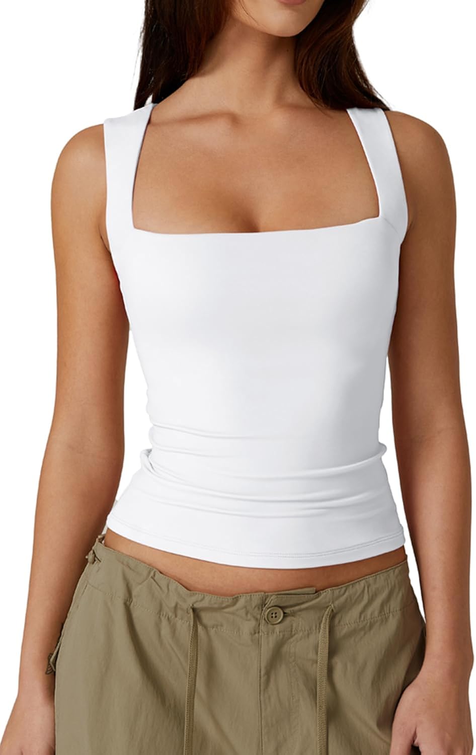 Women's Double Layer Tank Tops Square Neck Sleeveless Basic Tight T Shirts