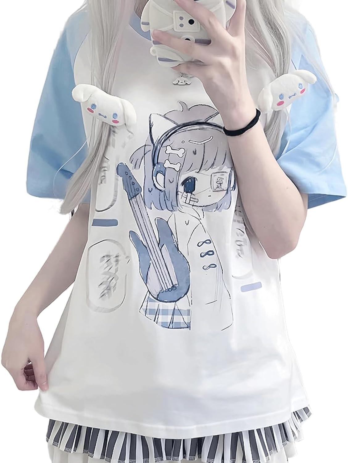Kawaii Harajuku Y2K Gothic Clothes Casual Soft Raglan Sleeve Crewneck Cute Cartoon Guitar Girl Print T-Shirt