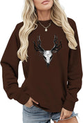 Women's Solid-Color Long-Sleeve Brown Pullover with Anime-Inspired Cartoon Print and Front Pocket