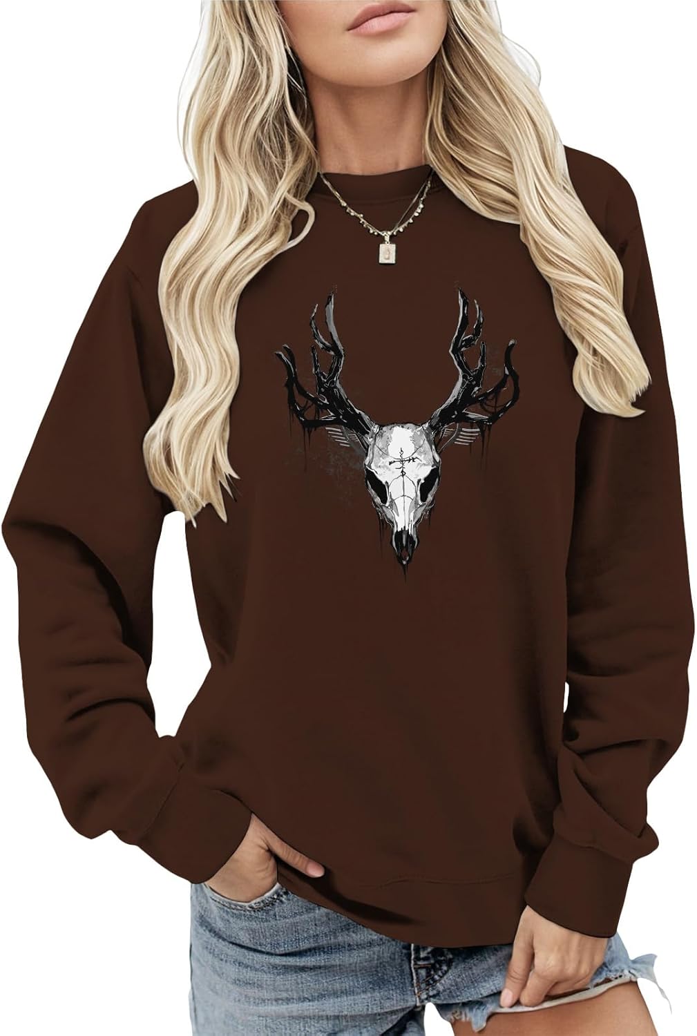 Women's Solid-Color Long-Sleeve Brown Pullover with Anime-Inspired Cartoon Print and Front Pocket