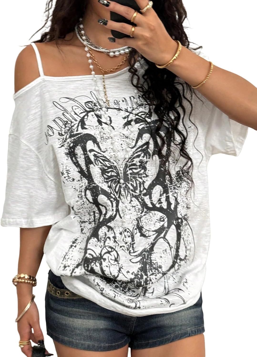 Women's Off The Shoulder Tops Y2K Gothic Graphic Tees Grunge Vintage Oversized T-Shirts Streetwear