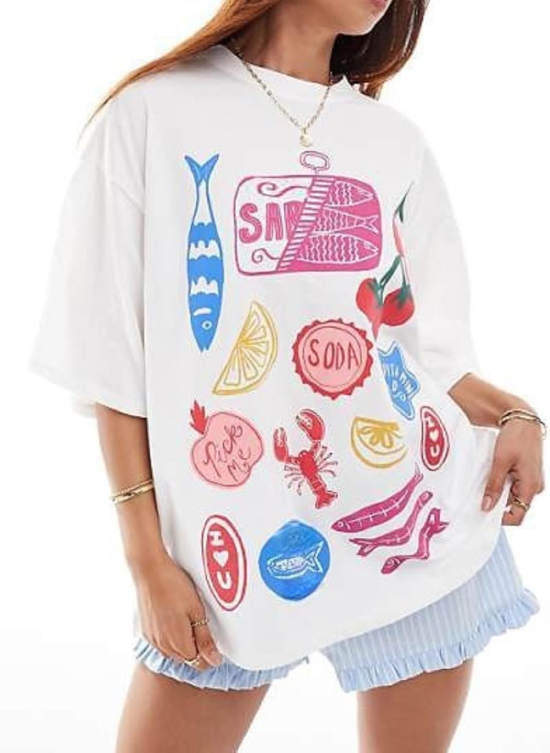 Women Oversized Graphic Tops Y2k Girsl Preppy Short Sleeve T Shirt Aesthetic Fruit Fish Print Summer Baggy Tees