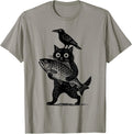 Black Animals Funny Cat with Crow Catches Fish Japanese Art T-Shirt