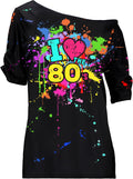 80s Outfit for Women Love 80's Off The Shoulder T Shirts Novelty Neon Women Top Clothes for 80s Party Oversized Costume Mid Sleeve Length T Shirts (XXL), Black