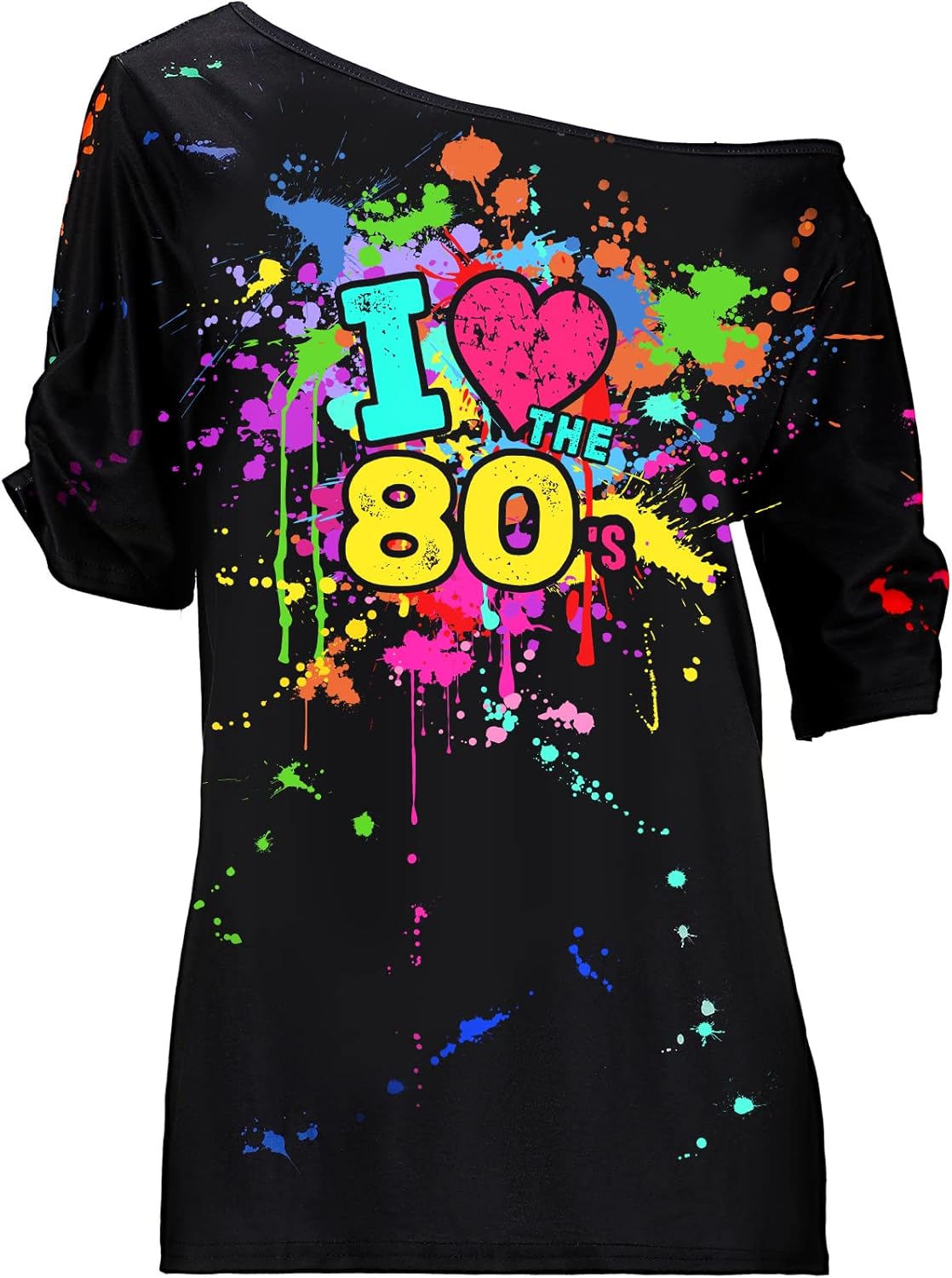 80s Costume Outfit for Woman Love Off The Shoulder T Shirts Novelty Neon Top Clothes for Costume Mid Sleeve Length(5XL)