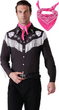 Western Fringe Shirt Cowboy Costume for Men, 80s 90s Retro Long Sleeve Shirt with Pink Scarf