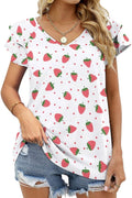 Kawaii Strawberry Print Short Sleeve Shirts for Women Fashion V Neck T-Shirt Women's Summer Tops