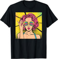 Wow Pop Art Girl Face Shirt Surprised Woman with Pink Hair T-Shirt