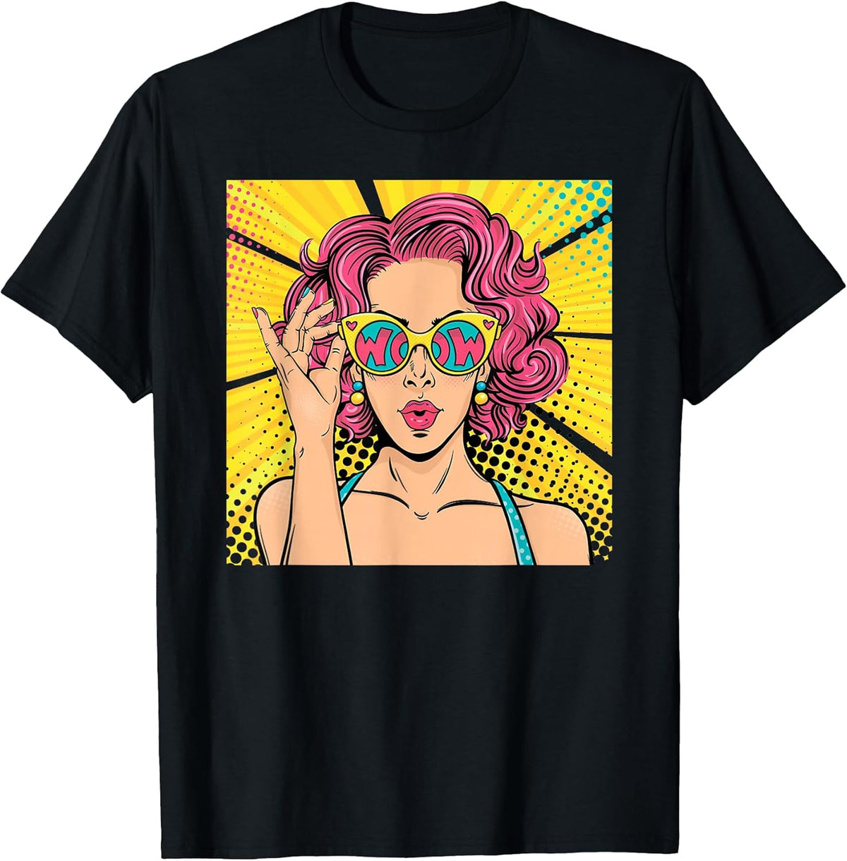 Wow Pop Art Girl Face Shirt Surprised Woman with Pink Hair T-Shirt