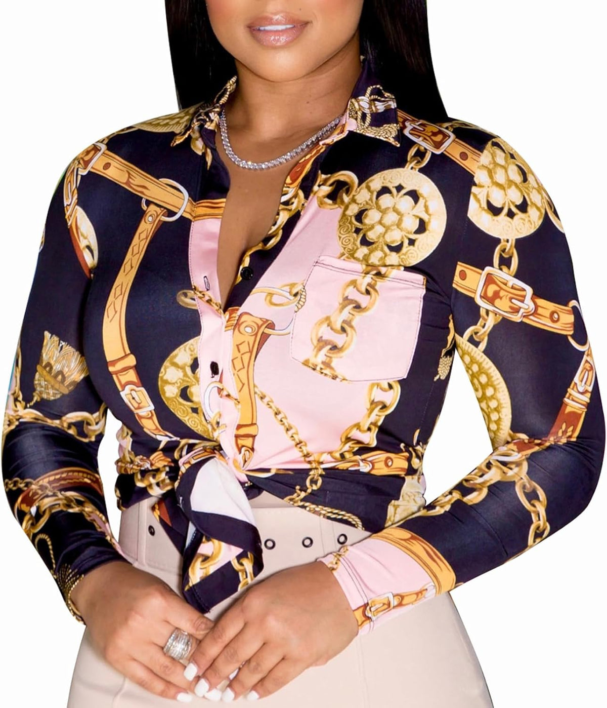 Buchona Blouses for Women Long Sleeve Floral Print Blouses & Button-Down Shirts Loose Collar Sexy Tops