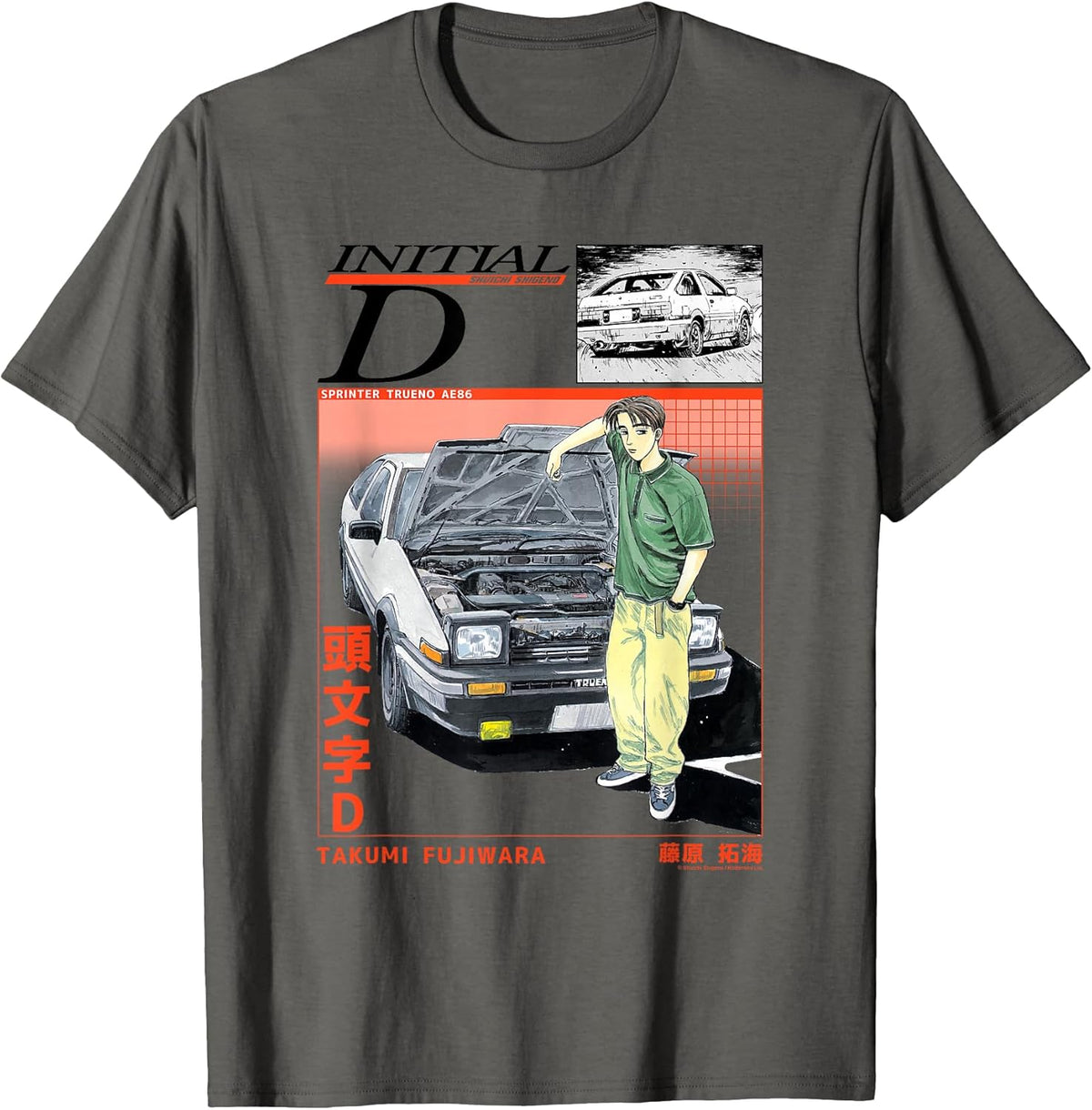 Initial D Takumi Open Hood Car Portrait Manga Anime T-Shirt