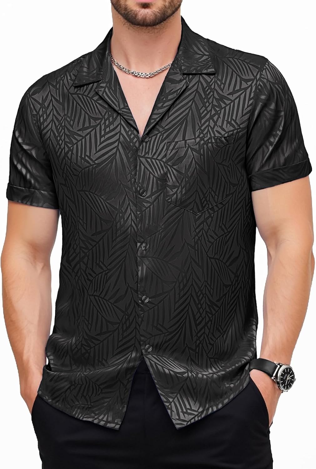 Mens Shiny Satin Silk-Like Designer Shirt Summer Regular Fit Short Sleeve Button Up Floral Shirt with Pocket