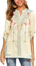 Women's Embroidered Tops Mexican Shirt V Neck Summer Casual Tops Peasant Tunic Loose Blouse
