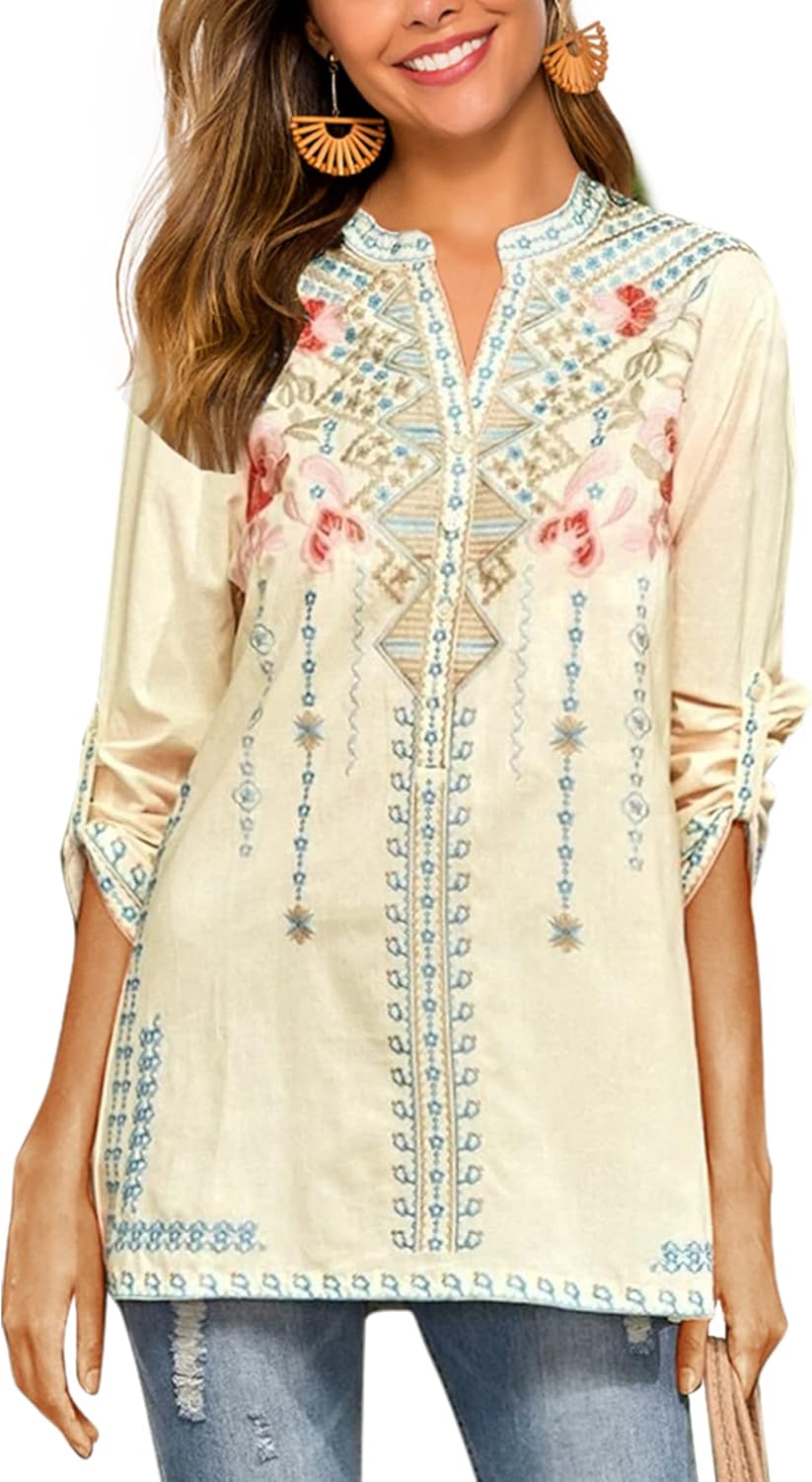 Women's Embroidered Tops Mexican Shirt V Neck Summer Casual Tops Peasant Tunic Loose Blouse