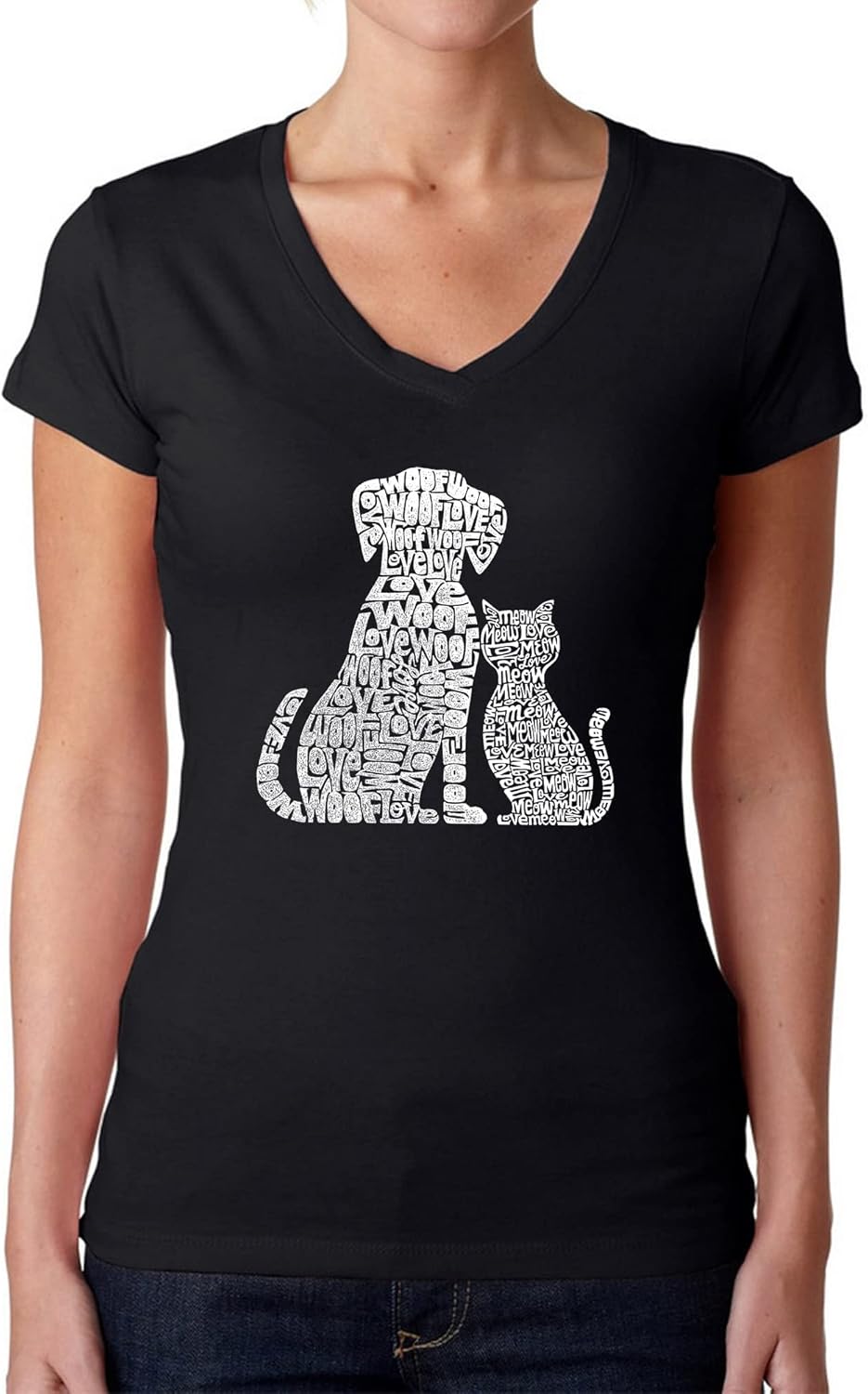 Women's Word Art V-Neck T-Shirt - Dog & Cat