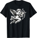 Cupid Angel Cherub Blackwork T-Shirt - Women's Classic Fit V-Neck Short Sleeve - Black - Small