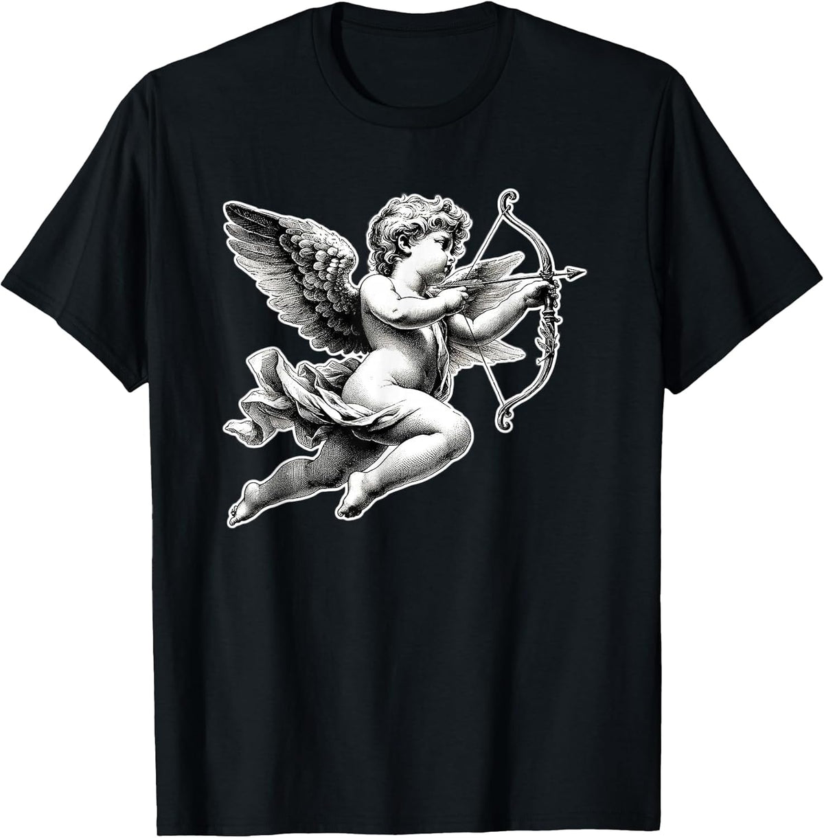 Cupid Angel Cherub Blackwork T-Shirt - Women's Classic Fit V-Neck Short Sleeve - Black - Small