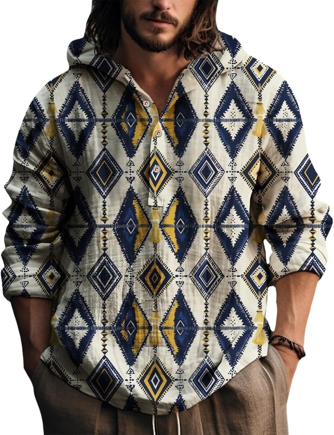Ethnic Long Sleeve Hooded Shirts Men's Western Tshirt Button Down Shirt Casual Tops Spring Fall Geometric Tshirts