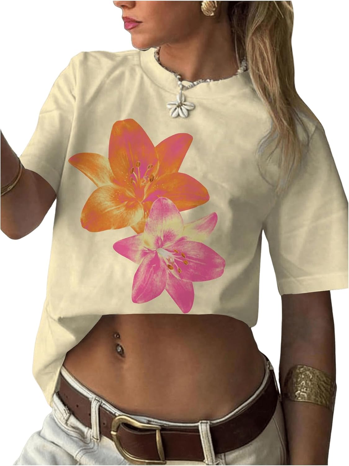 Women's Floral Print T Shirt Y2k Aesthetic Graphic Tees Short Sleeve Vintage Summer Tops
