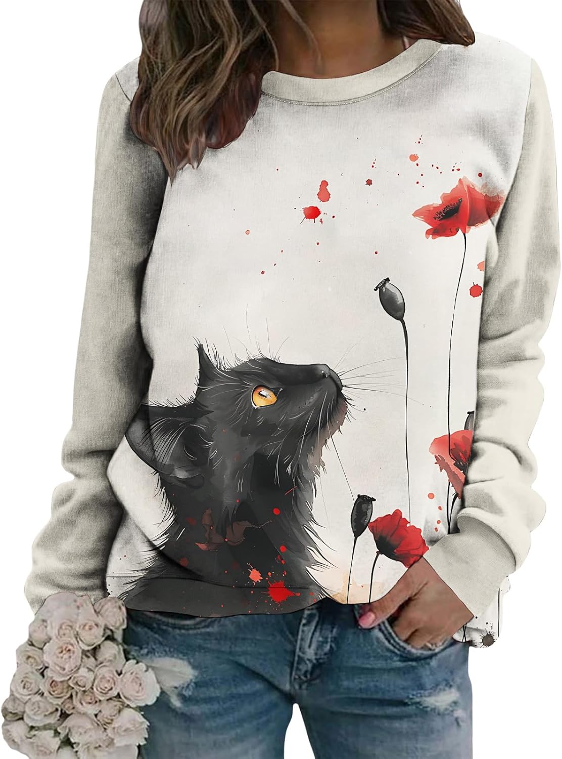Womens Pink With Colorful Elephant Floral Print Artistic Long Sleeve Pullover Soft Top For Everyday Style