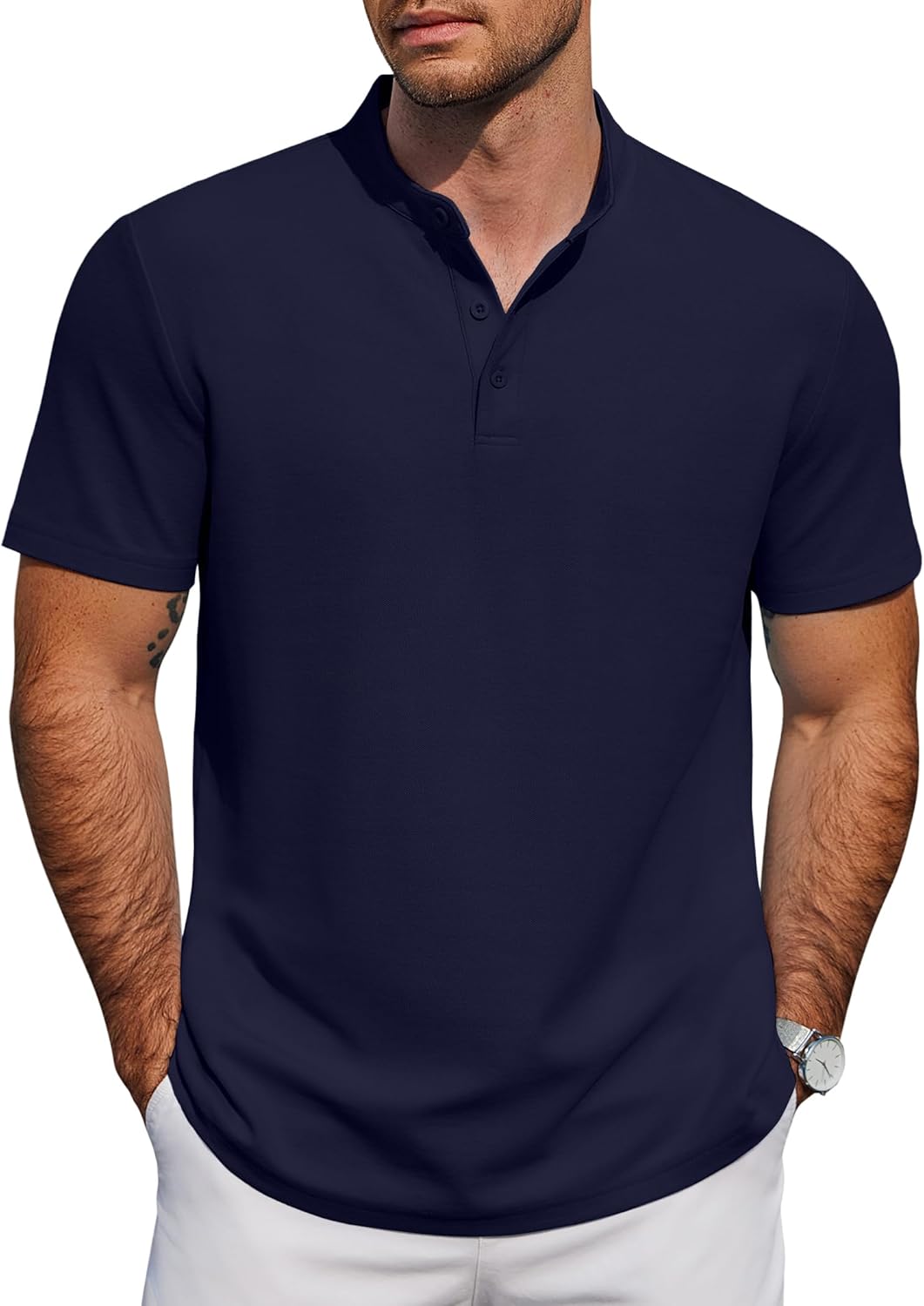 Men's Casual Henley Shirt Short Sleeve Cotton Pique Band Collar Shirt Summer Button Basic Tee Shirts
